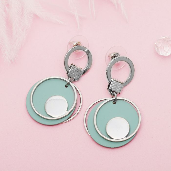 Серьги металл "Новый стиль" круг двойной, цвет мятный в серебре