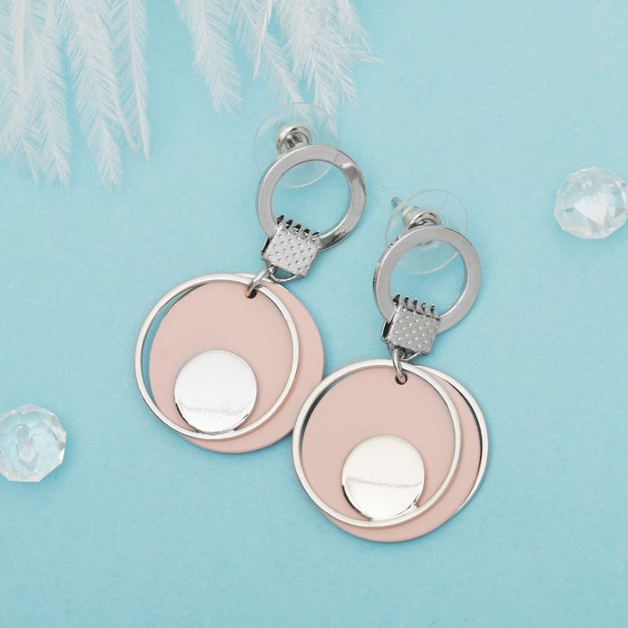 Серьги металл "Новый стиль" круг двойной, цвет розовый в серебре