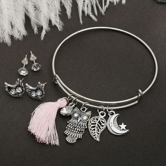Набор 3 предмета: 2 пары пусет, браслет "Лесной мир", цвет серебро