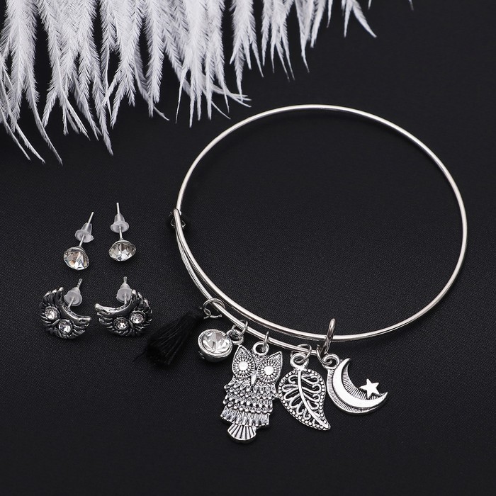 Набор 3 предмета: 2 пары пусет, браслет "Лесной мир", цвет серебро