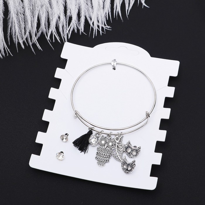 Набор 3 предмета: 2 пары пусет, браслет "Лесной мир", цвет серебро