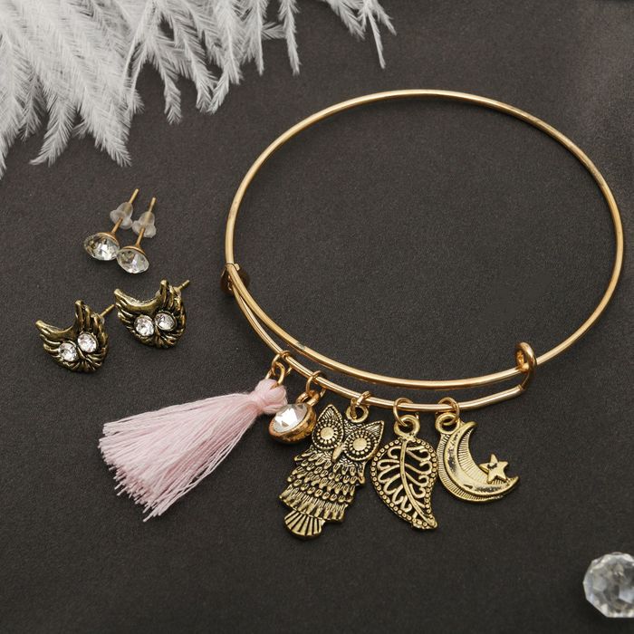 Набор 3 предмета: 2 пары пусет, браслет "Лесной мир", цвет золото