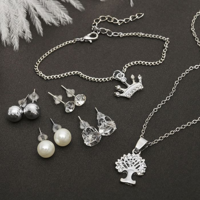 Гарнитур 6 предметов: 4 пары пуссет, кулон, браслет "Королевское дерево", цвет белый в серебре, 45см