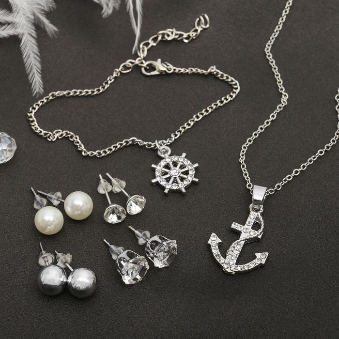 Гарнитур 6 предмета: 4пары пуссет,кулон,браслет "Морячка", цвет белый в серебре