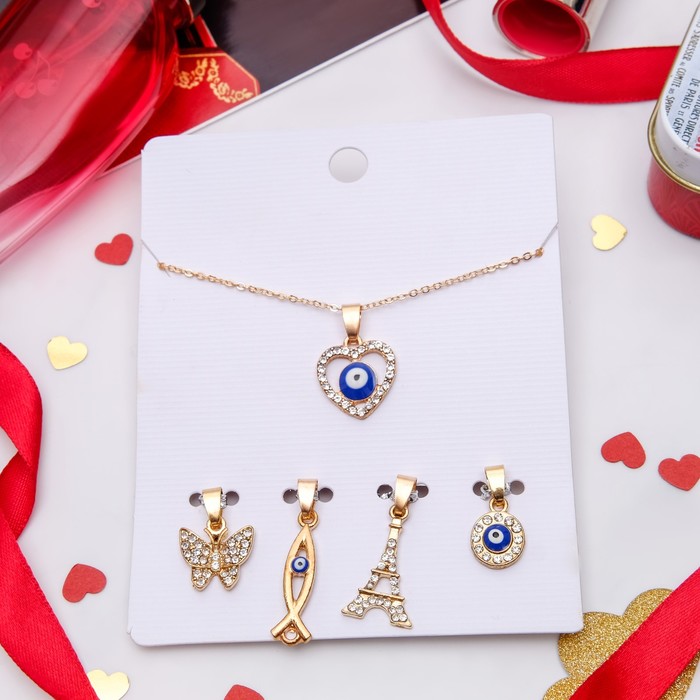 Кулон 5 сменных подвесок "Оберег" романтик, цвет бело-синий в золоте