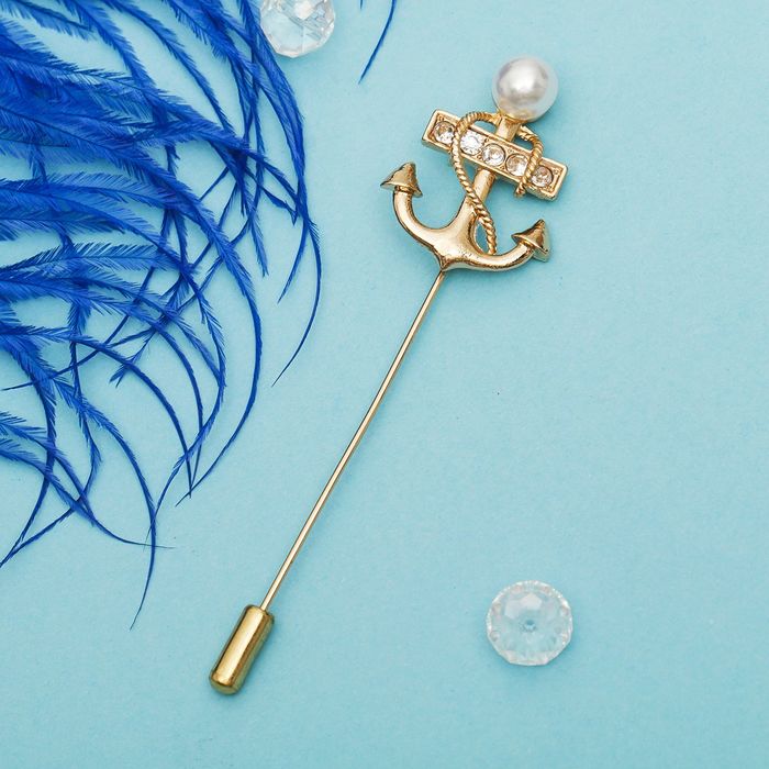 Булавка "Якорь", цвет белый в золоте