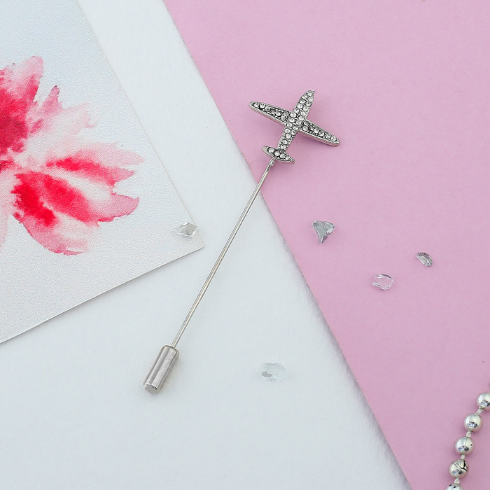 Булавка "Самолет", цвет белый в серебре