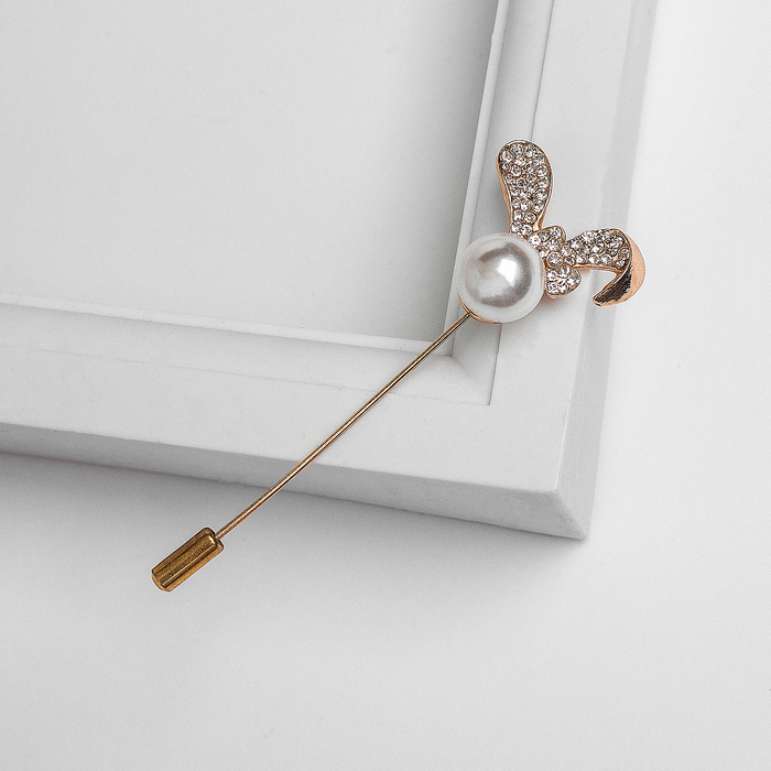 Булавка "Зайка жемчужный", 7,7 см, цвет белый в золоте