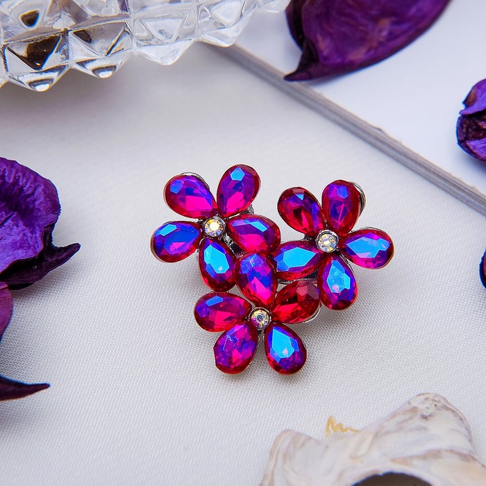 Брошь "Цветов соцветие", цвет малиново-радужный в серебре