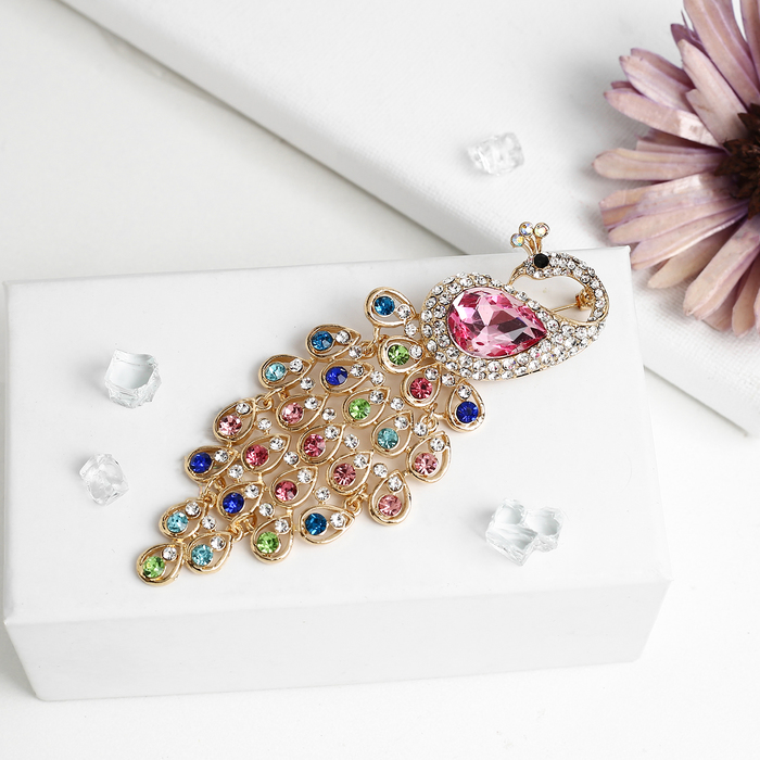 Брошь "Павлин роскошный", разноцветная в золоте