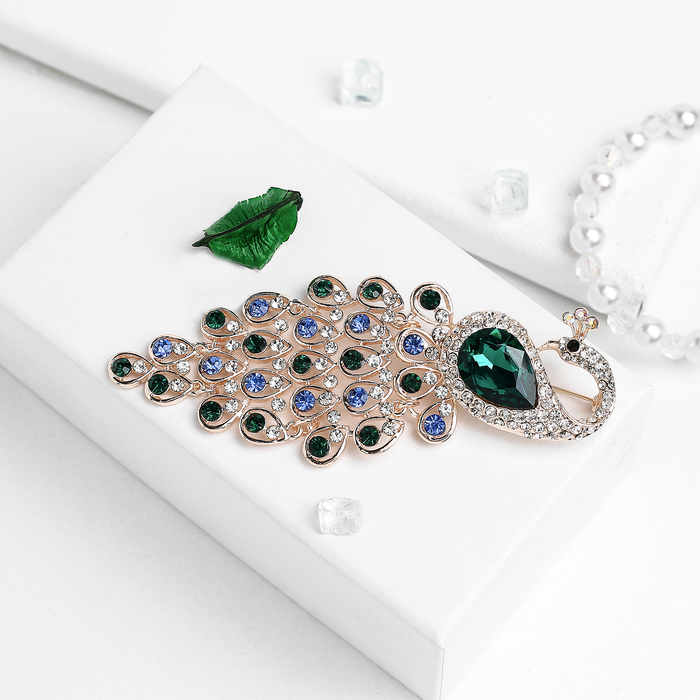 Брошь "Павлин роскошный", цвет сине-зеленый в золоте