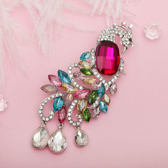 Брошь "Жар-птица с пышным хвостом", разноцветная в серебре