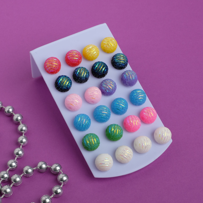 Пусеты 12 пар "Круг" с блёстками, цвет МИКС, d=1см