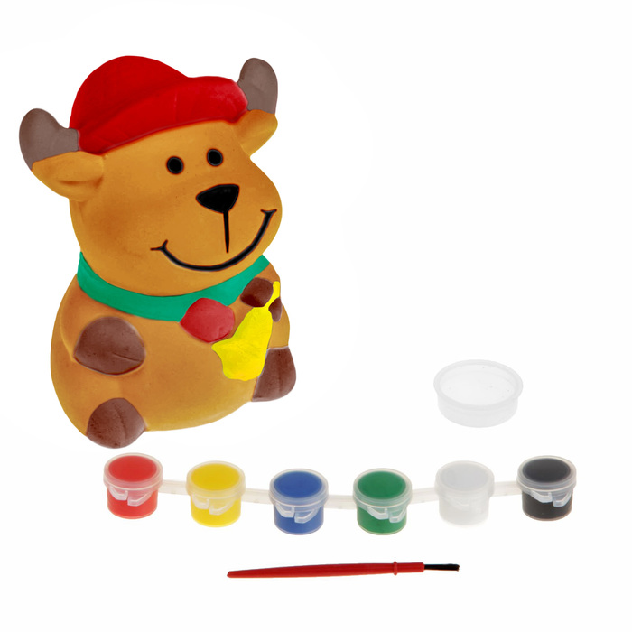 Роспись по керамике - копилка "Олень с колокольчиком" + краски 6 цветов по 3 мл, кисть