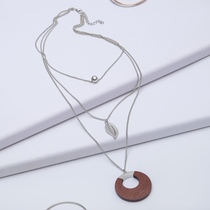 Кулон "Трио" круг с пером, цвет коричневый в серебре, 70см