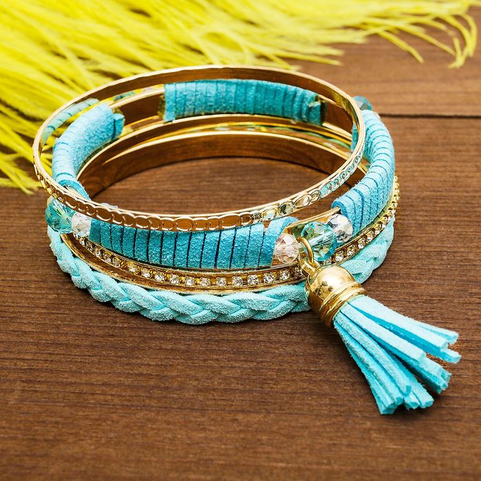 Браслет-кольца 4 кольца "Плетение" с кистью, цвет голубой в золоте