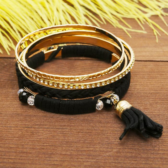 Браслет-кольца 4 кольца "Плетение" с кистью, цвет чёрный в золоте