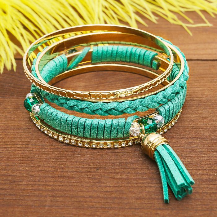 Браслет-кольца 4 кольца "Плетение" с кистью, цвет зелёный в золоте