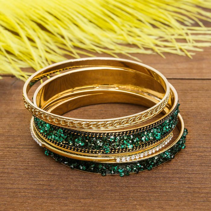 Браслет-кольца 4 кольца "Россыпь", цвет изумрудный в золоте