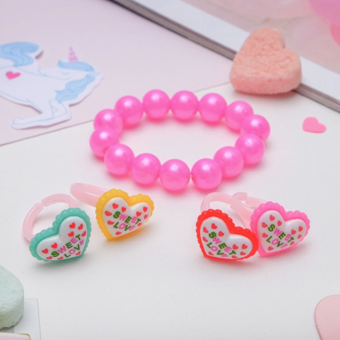 Набор детский "Выбражулька" 5 предметов: 4 кольца, браслет, сердечки, цвет МИКС