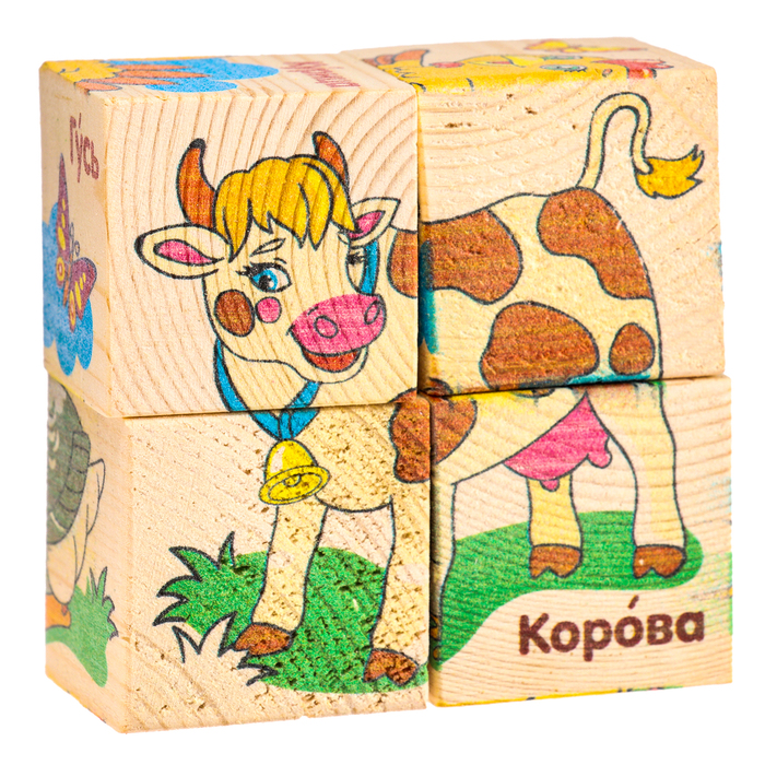 Кубики деревянные "Животные фермы", набор 4 шт.