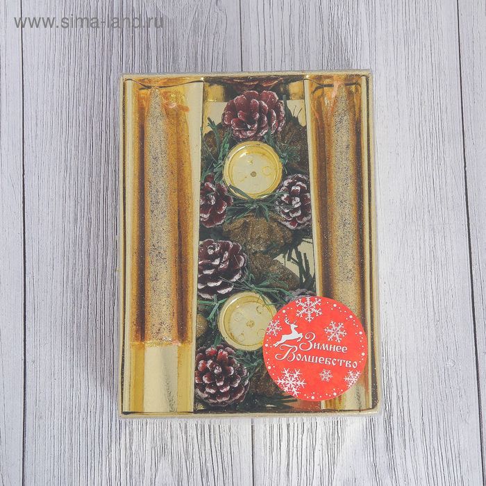 фото Свеча новогодняя с подсвечником "блеск" (набор 4 шт) 3,5х11х15 см, золото зимнее волшебство