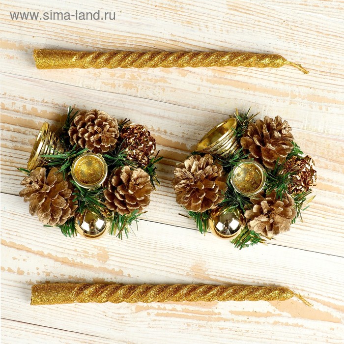 фото Свеча новогодняя с подсвечником "мерцание" (набор 4 шт) 5х15х21 см, золото зимнее волшебство