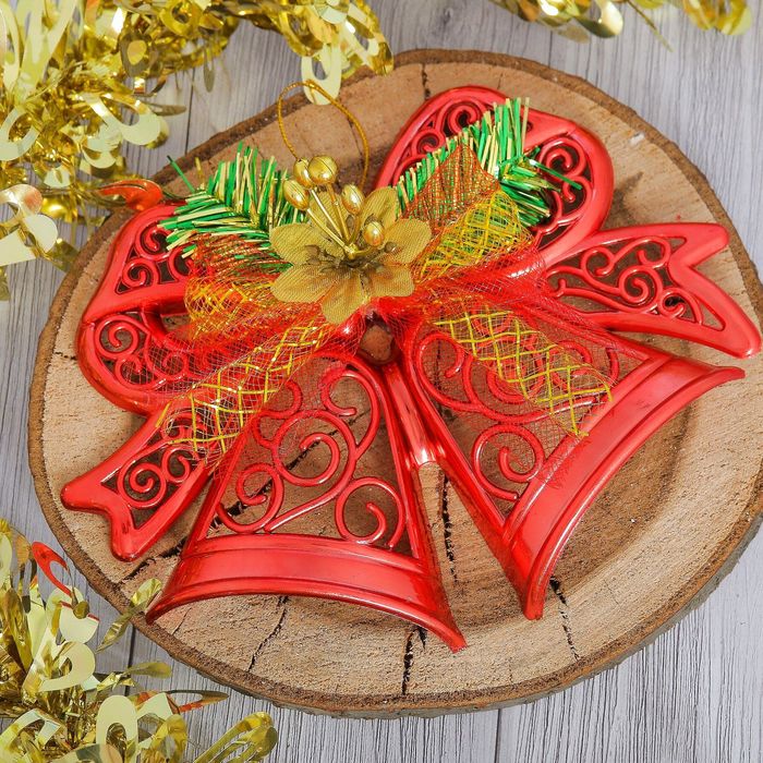 Украшение новогоднее "Колокольчики" с цветком, красный 20*13 см