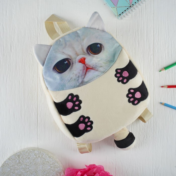 Мягкая игрушка-рюкзак "Котик" розовый носик и большие глазки