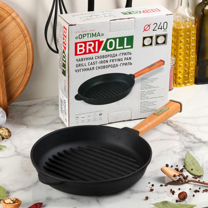 Сковорода чугунная гриль"Оптима", BRIZOLL, 24 х 4 см, ручка