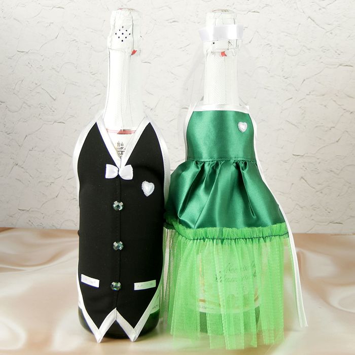 Украшение на шампанское "Свадебный вальс" изумрудное