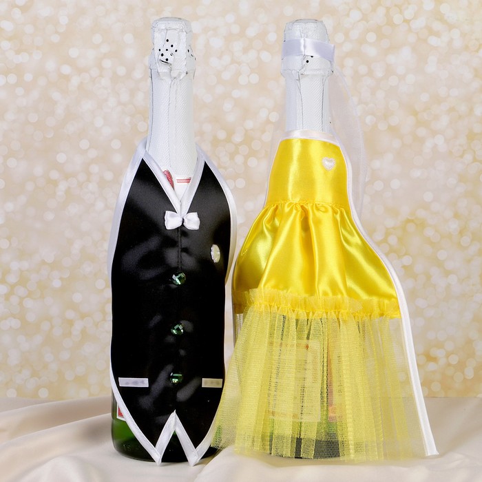 Украшение на шампанское "Свадебный вальс" желтое