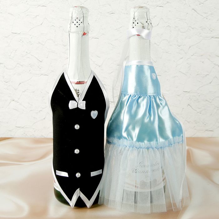 Украшение на шампанское "Свадебный вальс" голубое