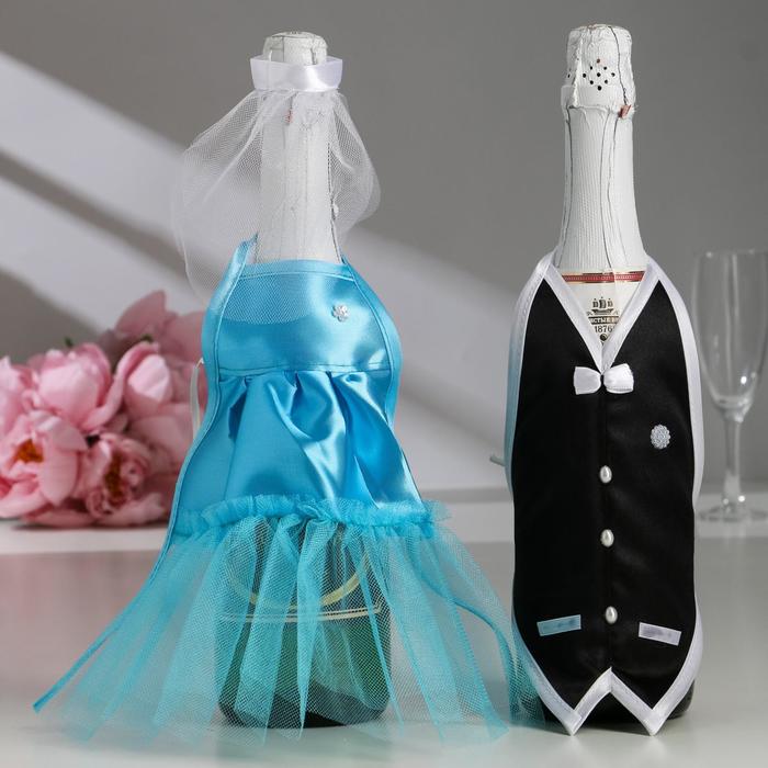 Украшение на шампанское "Свадебный вальс" бирюзовое