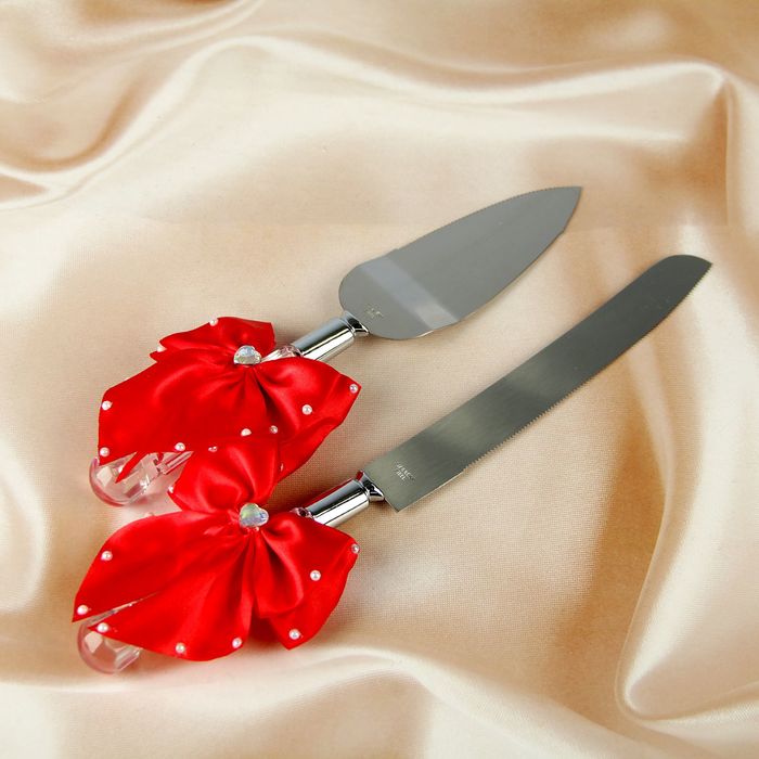 Нож+лопатка для свадебного торта с бантами,цвет красный