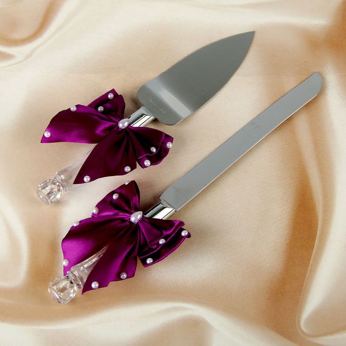 Нож+лопатка для свадебного торта с бантами,цвет фиолетовый