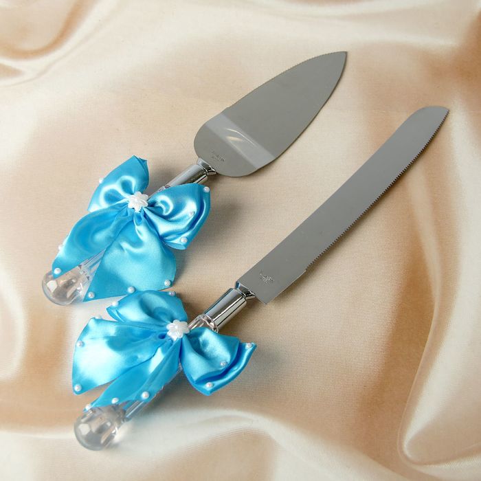 Нож+лопатка для свадебного торта с бантами,цвет бирюзовый