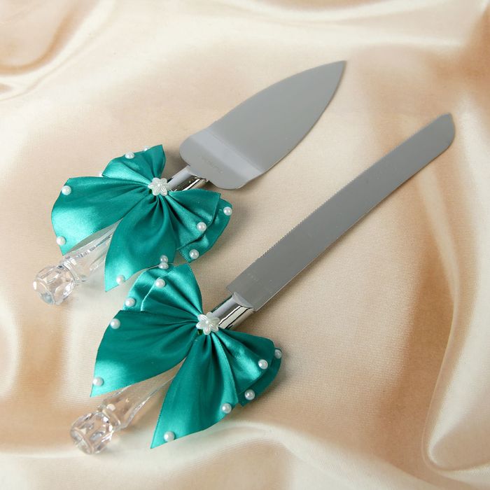 Нож+лопатка для свадебного торта с бантами,цвет изумрудный