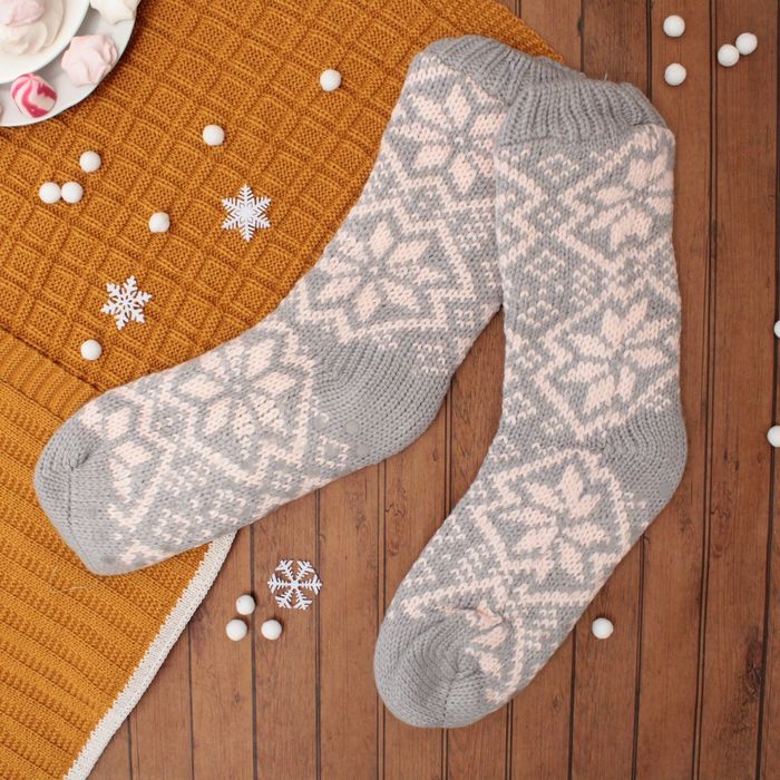 Носки высокие тёплые "Снежинки", размер 23-25, цвет серый/светло-розовый