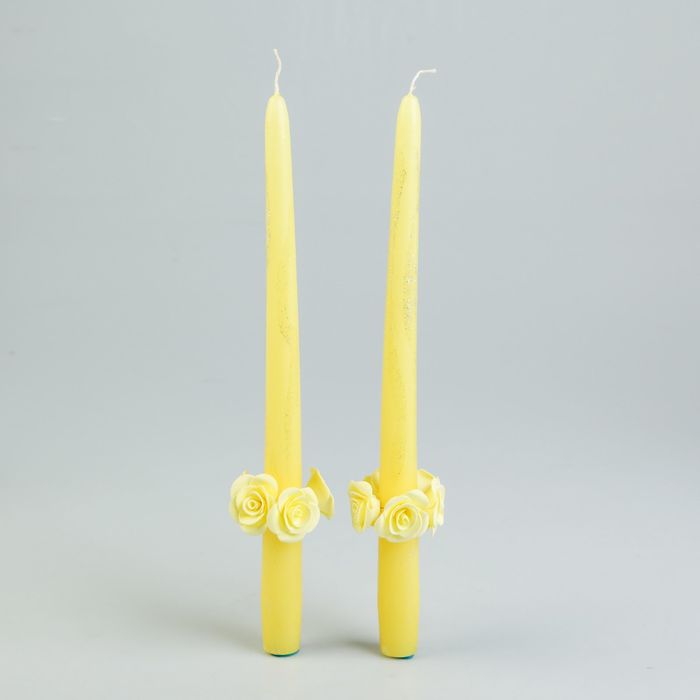 набор свадебных парафиновых свечей с декором, жёлтые с розочками, 2 шт. в упаковке