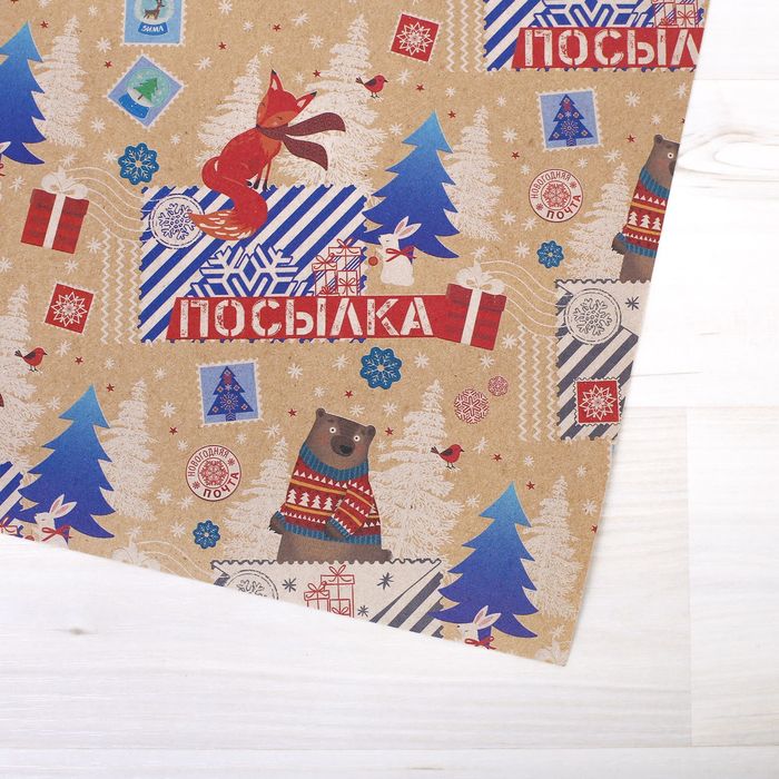 Бумага упаковочная крафтовая «Зимняя посылка», 50 × 70 см