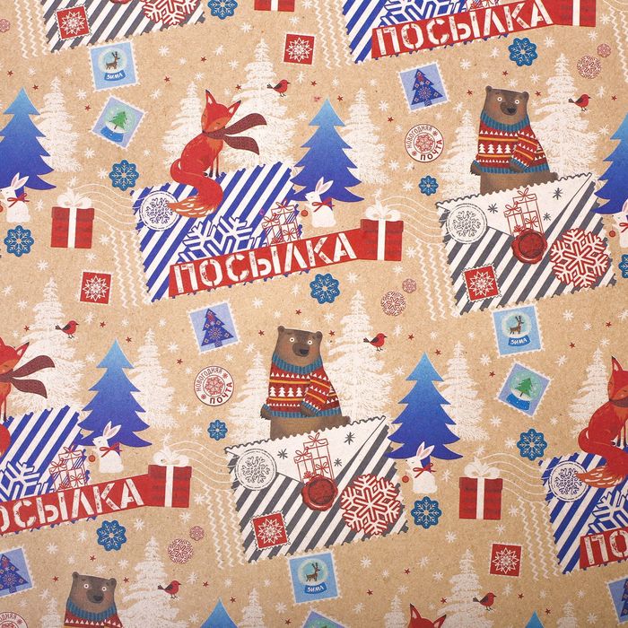 Бумага упаковочная крафтовая «Зимняя посылка», 50 × 70 см