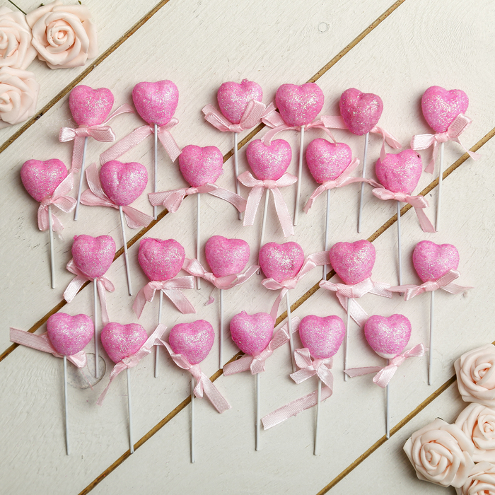 Сердце на палочке "Блеск" (24 шт), цвет розовый