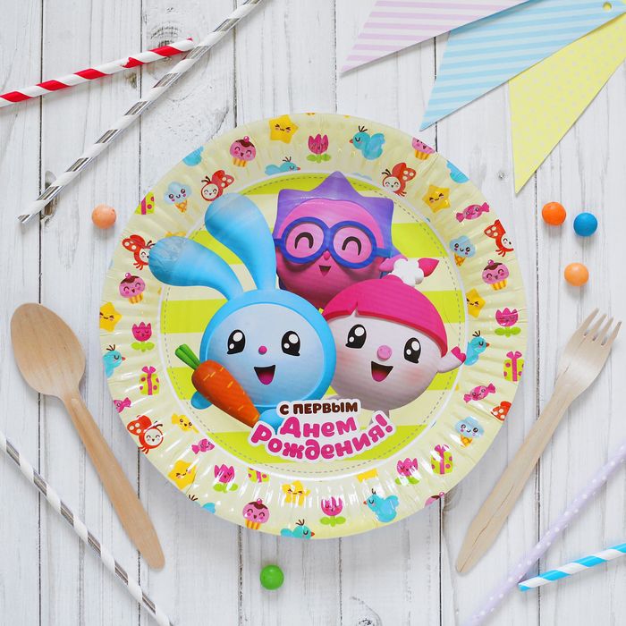 Тарелка бумажная "Малышарики" С 1-м Днем рождением, 23 см (набор 6 шт)