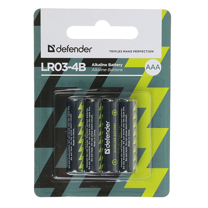 Батарейка алкалиновая Defender, AAA, LR03-4BL, блистер, 4 шт.