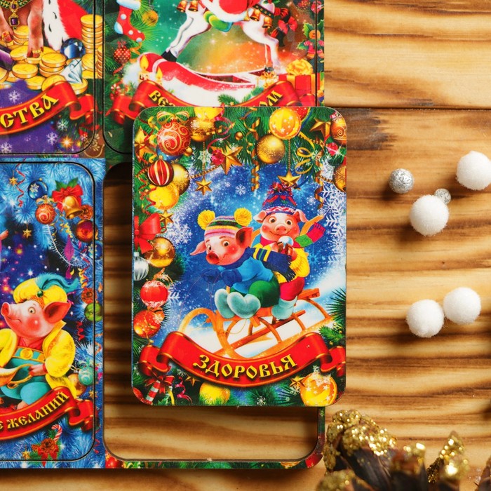 Магнит новогодний деревянный "Шестёрка №1" с голографией, 6×4 см, Символ года 2019