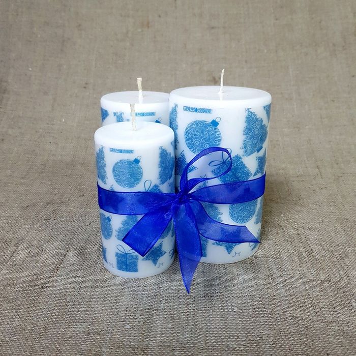 Набор Свечей "Новогодний принт голубой", 3 штуки в упаковке (7х11/6х10/5х9,5)