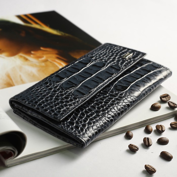 Кошелёк женский, 3 отдела, для карт, монет, кайман, цвет синий