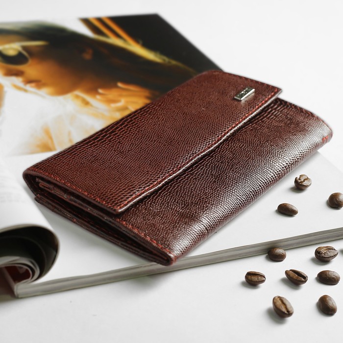 Кошелёк женский, 3 отдела, для карт, для монет, ящерица, цвет винный