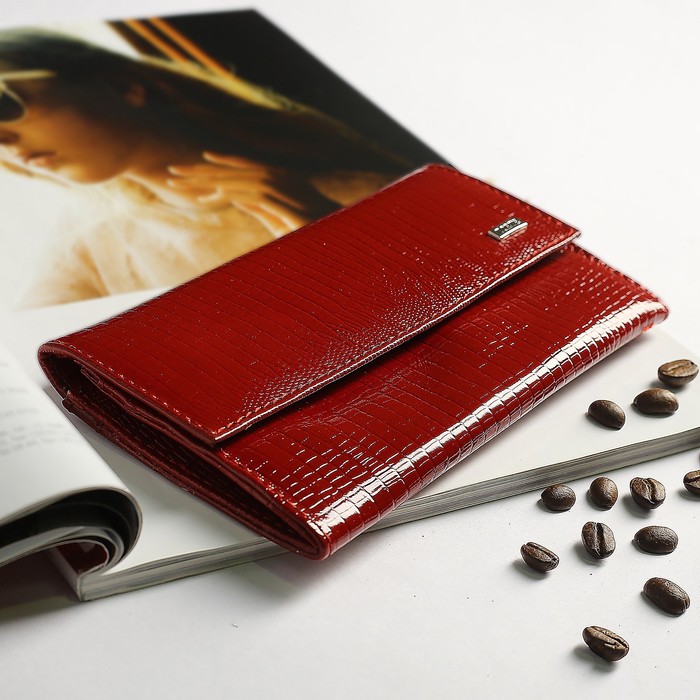 Кошелёк женский, 3 отдела, для карт, для монет, ящерица, цвет тёмно-красный